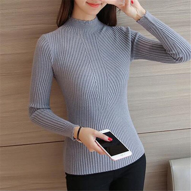 Suéter Feminino Slim de Gola Alta – Malha Fina, Ideal para Meia-Estação FEMININO - VESTUÁRIO - SUÉTER GOLA ALTA Dm Stores Cinza Único