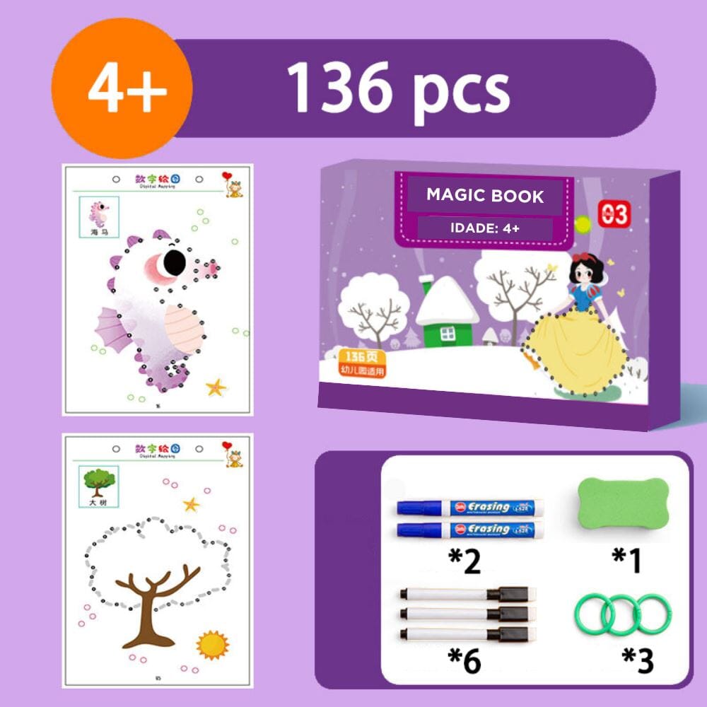 Caderno de Traço e Desenho Infantil MagicBook Infantil (Caderno 2) Dashui 136 Páginas + 8 Canetas + 1 Apagador de Brinde 