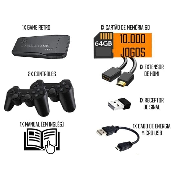 Super Game Stick Retrô - 10.000 Jogos 4K + 2 Controles Eletrônicos (Videogame 1) Dashui 